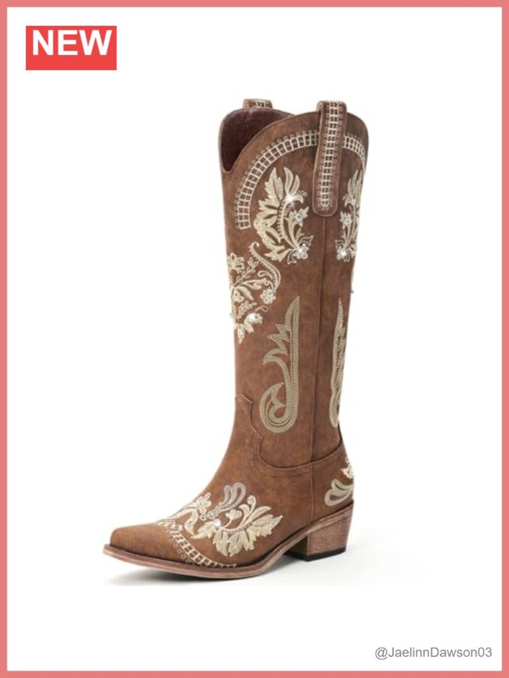 Knee High Western Cowgirl Boots Pointed Toe Chunky Heel Embroidered Rhinestone